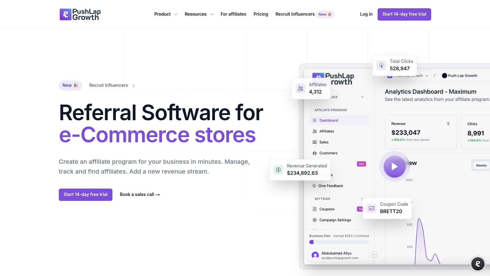 Push Lap Growth affiliate dashboard showcasing performance analytics
