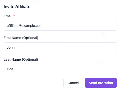 Affiliate invitation interface